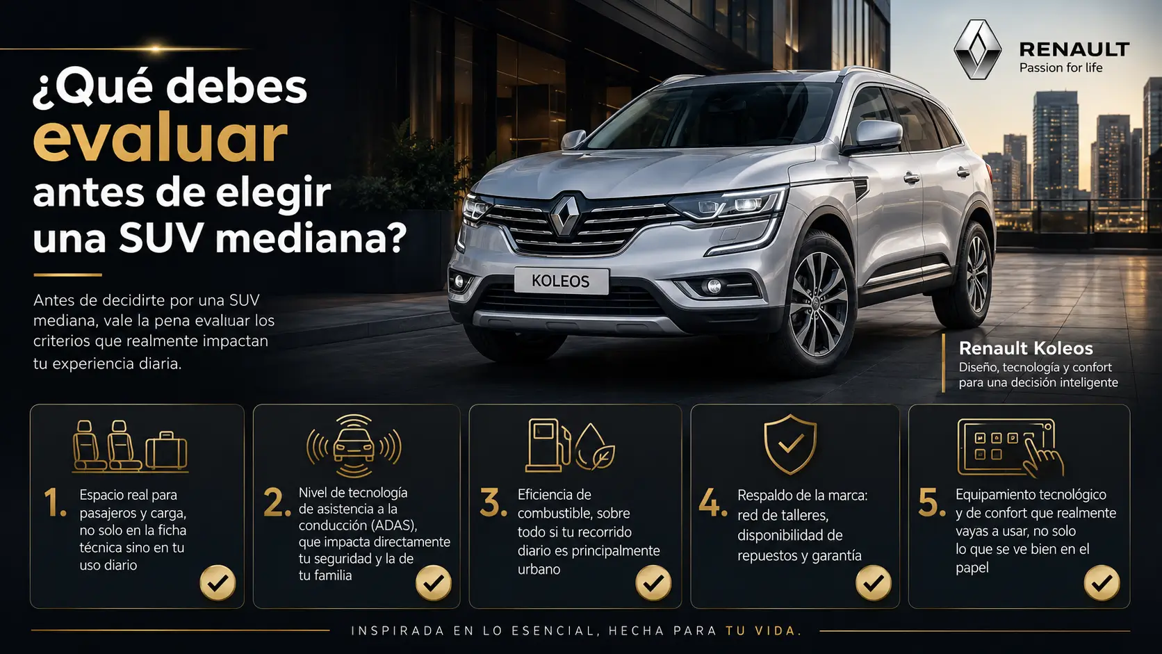 Qué evaluar antes de elegir una SUV mediana: espacio, ADAS, eficiencia, respaldo de marca y equipamiento - Renault Koleos 2026